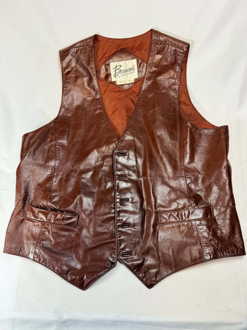 Vintage Berman's The Leather Experts Brown Leather Vest Size 44 80’s fashion